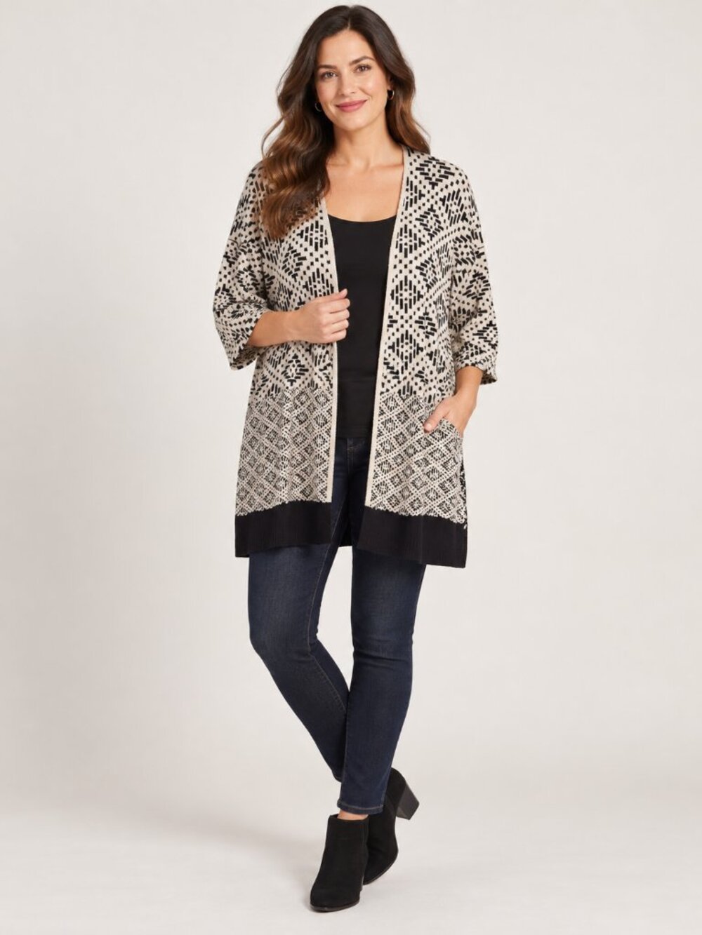 H&M Medium Black Cream Geometric Jacquard Open Front Wool Blend Cardigan